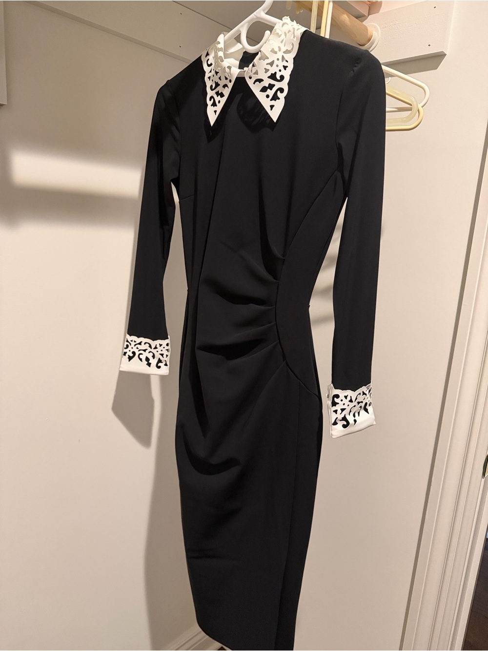 Chiara Boni Black Long-Sleeve Sheath Dress with White Cutout Collar & Cuffs